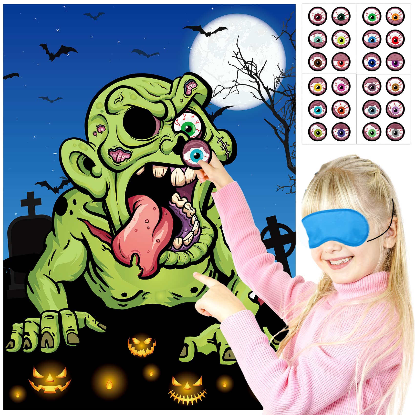 RMMD® Halloween Party Games for Kids Pin the Eye on the Zombie Games 24 Players Halloween Party Games Pin the Halloween Game Halloween Party Favours Halloween Pin Game for Family/School