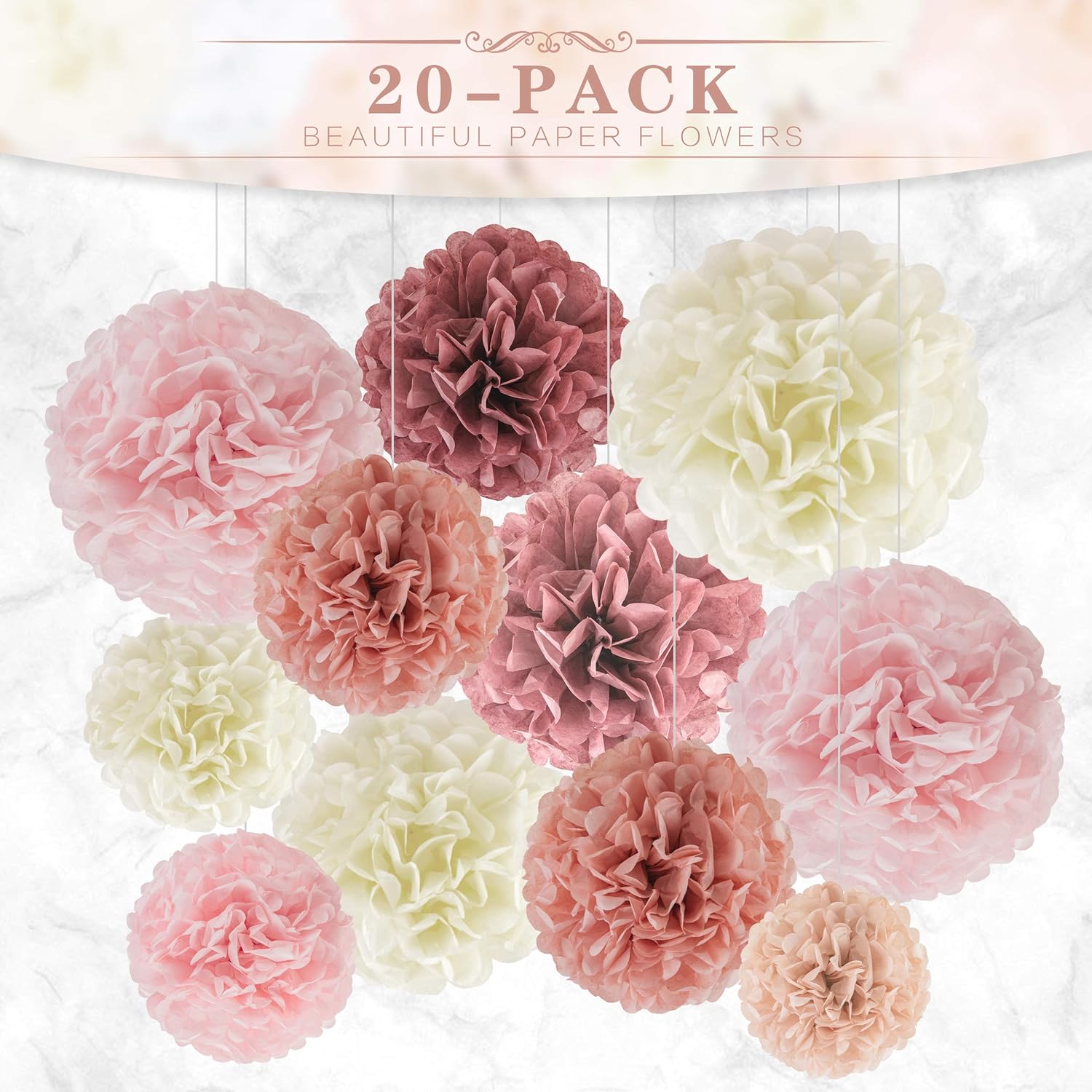 EpiqueOne 20 Pieces Blush Pink, Dusty Rose, Mauve, Cream Tissue Paper Pom Poms - Ceiling and Party Decorations - Backdrop Flowers: Health & Personal Care