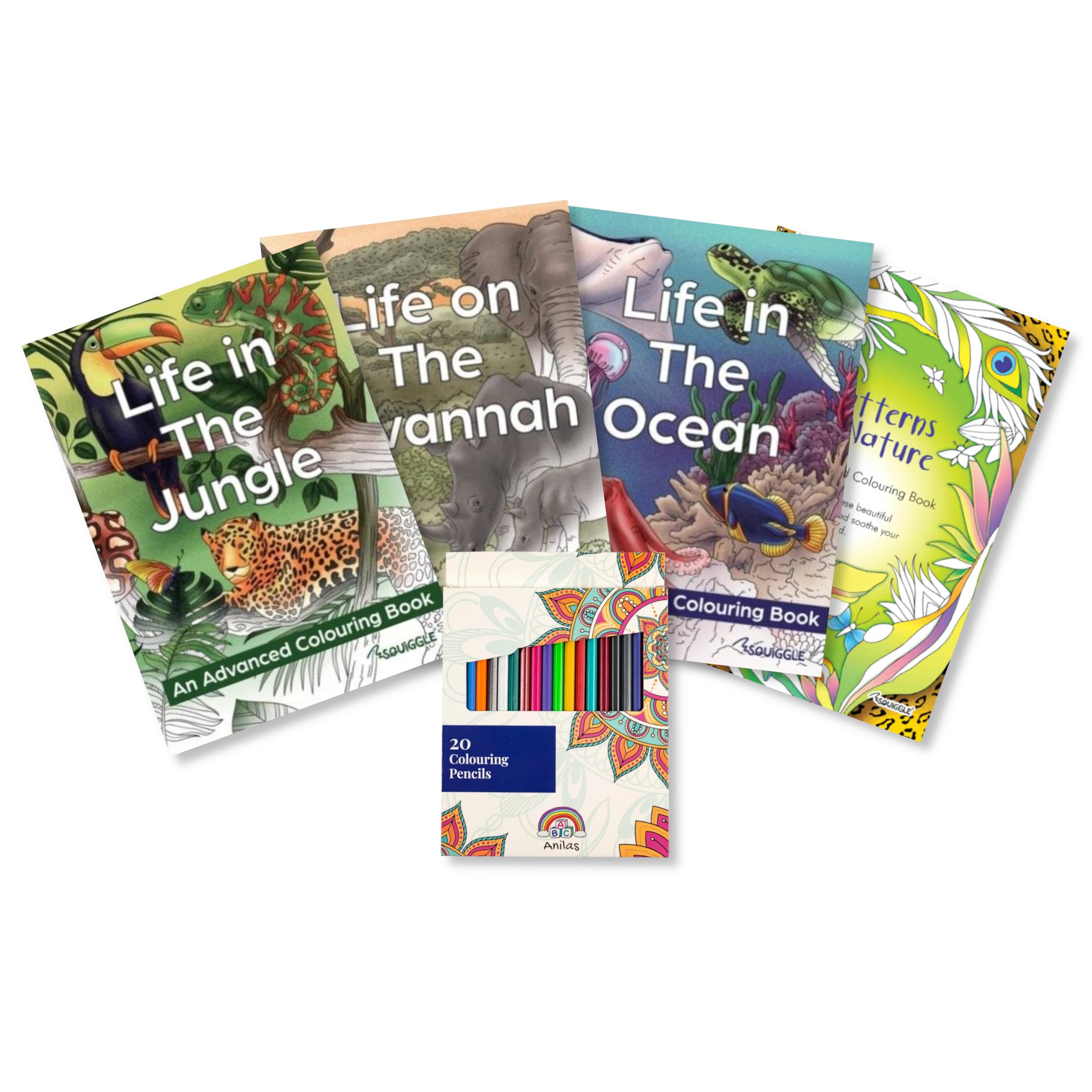 Anila's Set of 4 Relaxing & Soothing Colouring Books with 20 Colouring Pencils, Containing Therapeutic Designs to Inspire a State of Calm & Relaxation to Help Eliminate Stress (SET9) — image 1