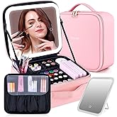 SAVILAND Travel Makeup Bag with Led Mirror: PU Leather Makeup Case for Women & Makeup Artists Nail Polish Organizer Bag Cosme