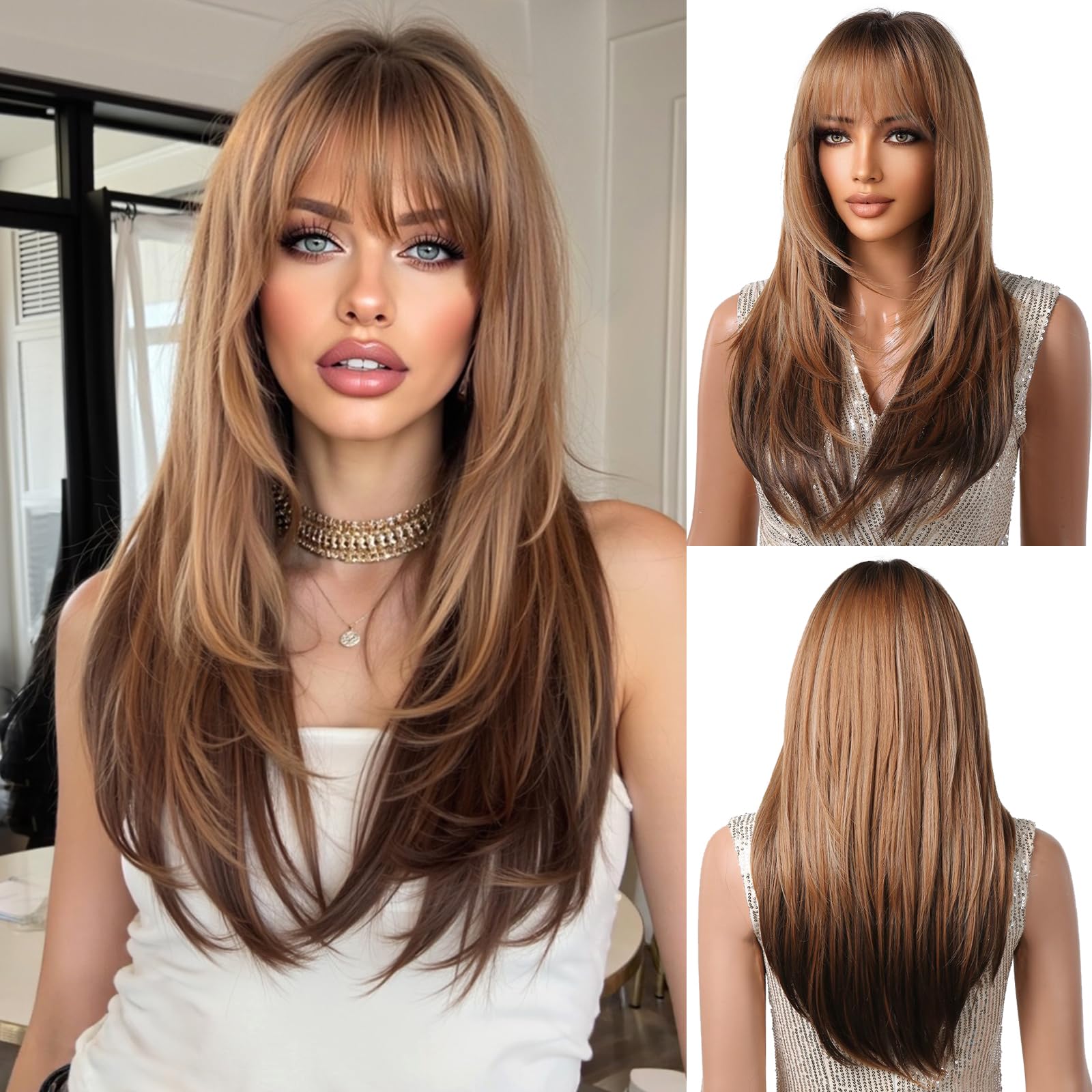 OUFEI Brown Ombre Dark Blonde Wig with Bangs Long Straight wigs for Women Short Layered Wigs Synthetic Hair Heat Resistant Wigs for Daily Party Cosplay Wear — image 1