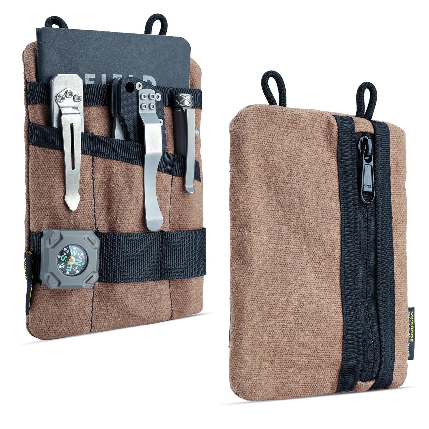 VIPERADE VE1-OW Small EDC Pouch, Waxed Canvas EDC Organiser Small Tool Pouch with 5 Pockets, Multitool Pocket Organiser for Flashlight Multitools Pen Notebook -Khaki