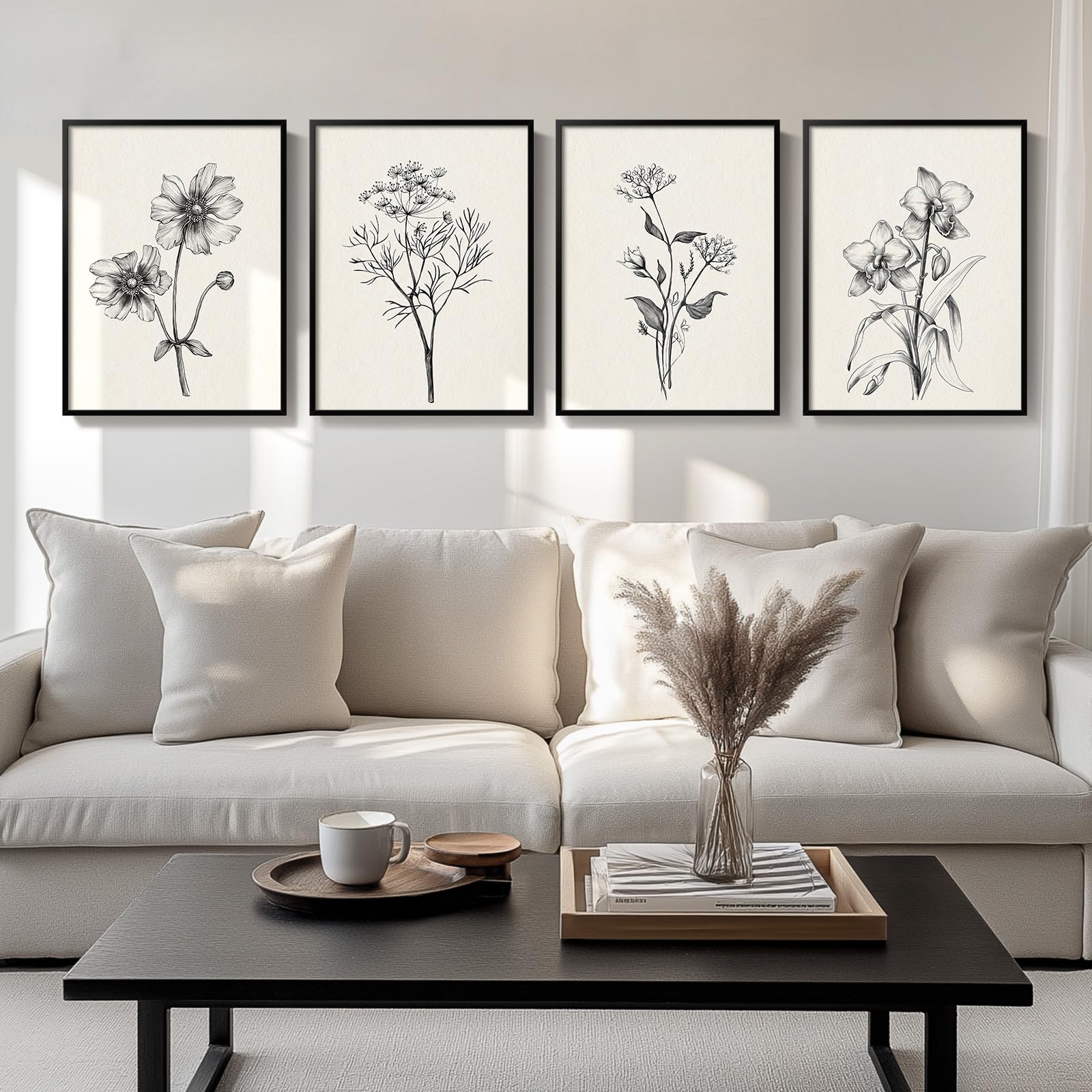 Photo 1 of Framed Black and White Floral Wall Art for Living Room, 4 Piece Vintage Botanical Canvas Painting Prints Artwork for Walls, Rustic Minimalist Flower Pictures for Bedroom Hallway Kitchen Wall Decor