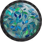 Artinhand 4 Pack Stained Glass Leaves Cabinet Knobs for Kitchen Bathroom | Turquoise and Blue Drawer Pulls Round Black Dresser Handles Hardware for Desk Cupboard Wardrobe Closet Vanity Door Decor