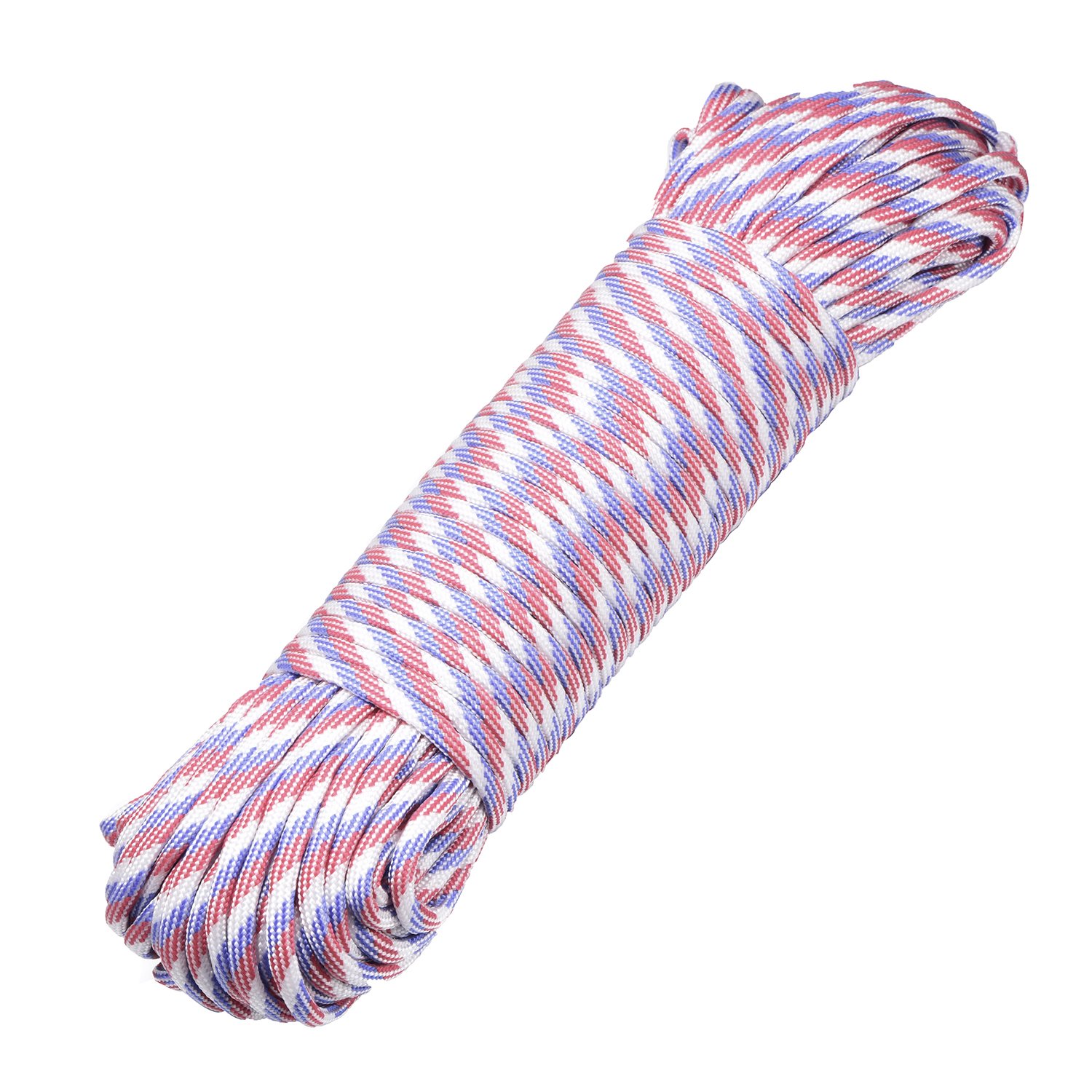 DonDon 98 ft - 30 m nylon cord Paracord survival DIY rope cord for outdoor camping activities 0.6 inch - 4 mm - 7 strands red-blue-white