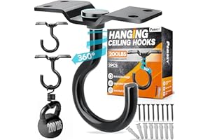 PAMAZY [UPGRADED] 2Pcs 200LBS Rotatable Ceiling Hooks with 4 Screw Points Base, Wall Mount Metal Hanger Black Ceiling Hook for Hanging Plant, Bird Feeder, Lights, Bed Canopy, Wind Chime, Indoor Outdoor Decor