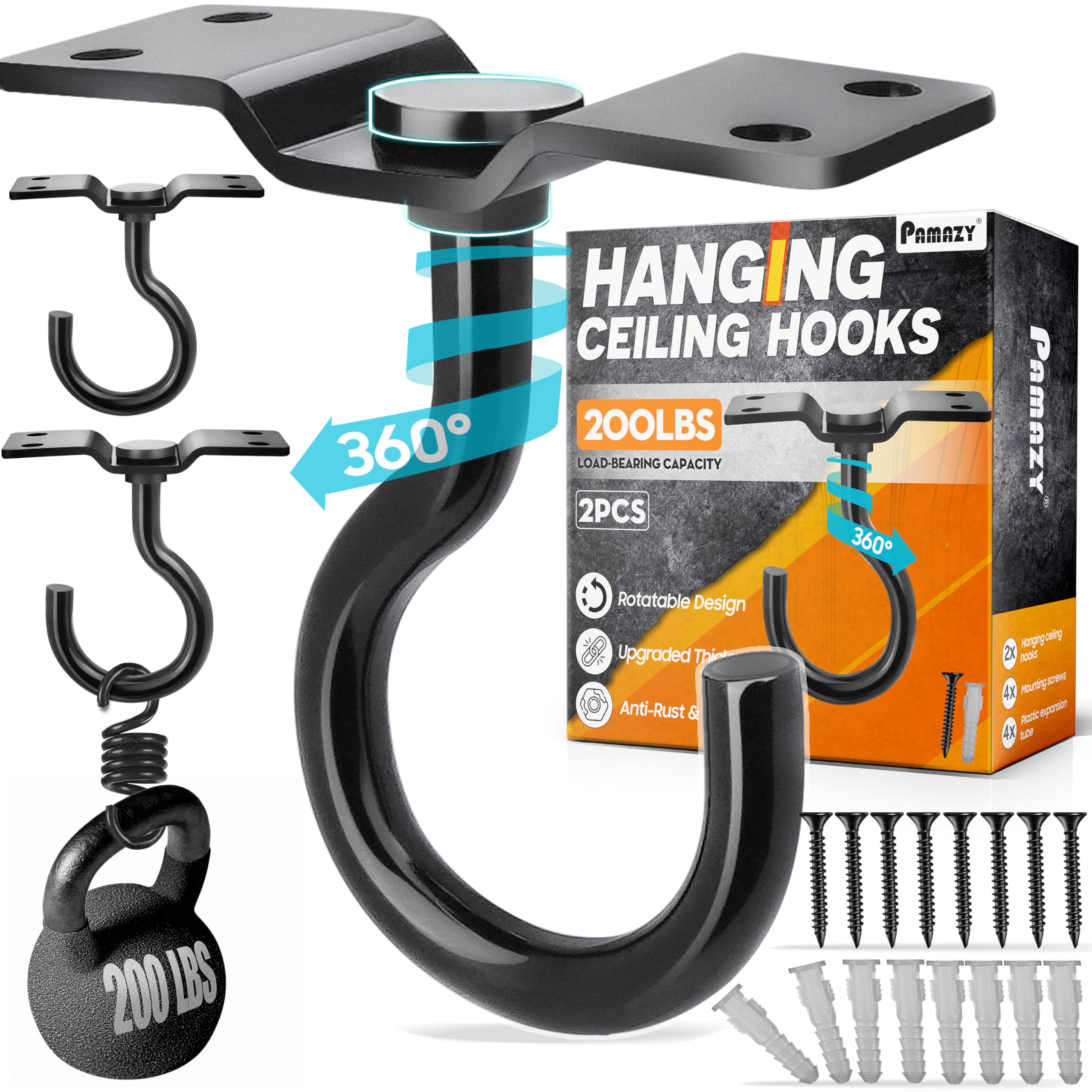 Photo 1 of [UPGRADED] 2Pcs 200LBS Rotatable Ceiling Hooks with 4 Screw Points Base, Wall Mount Metal Hanger Black Ceiling Hook for Hanging Plant, Bird Feeder, Lights, Bed Canopy, Wind Chime, Indoor Outdoor Decor