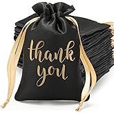 Sieral 50 Pcs Thank You Satin Gift Bags with Drawstring Jewelry Candy Pouches for Valentines Easter Wedding Baby Shower Birthday Holiday Party Thank You Bag for Gift Wrap(Black,6 x 9 Inches)