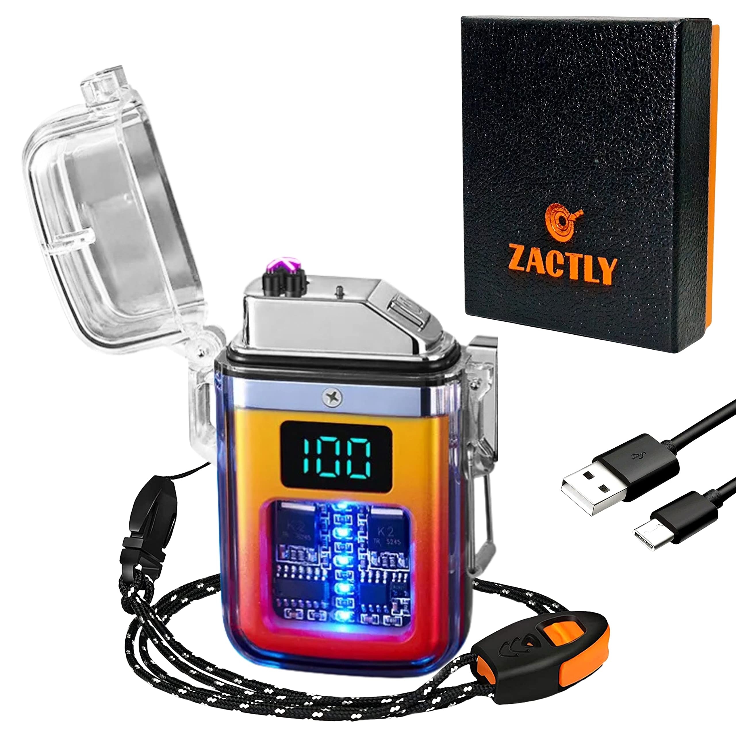 Zactly AL12 Transparent Electric USB C Rechargeable Plasma Candle Lighter LED Digital Display Dual Arc Waterproof Windproof, Whistle, Lanyard, Camping Outdoor Survival Tool (YELLOW RED GRADIENT)