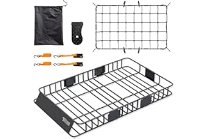 TUFFIOM 64"x 39"x 6" Extendable Rooftop Cargo Carrier Basket, Universal Steel Roof Rack Basket w/Net+Storage Bag+Footrest+Straps, Heavy Duty Car Top Rack Luggage Holder Carrier for SUV Car Truck Van