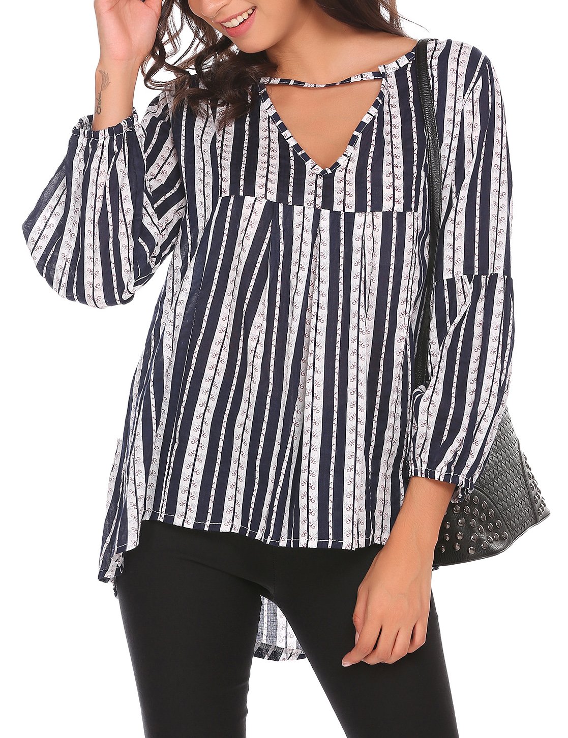 SE MIU Women\'s Long Sleeve High Low V Neck Striped Shirt Blouse Tops