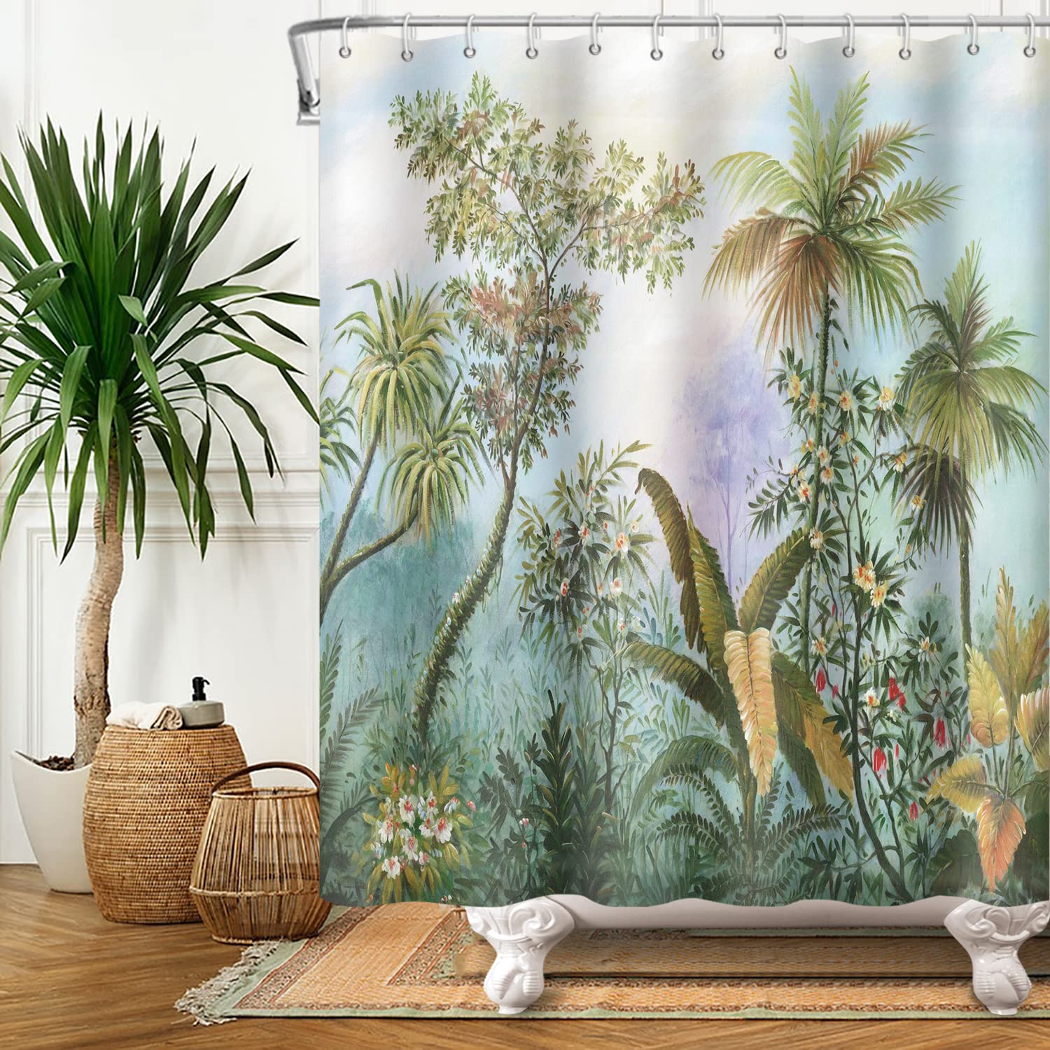 SDOTPMT 152x183cm Palm Tree Shower Curtain Tropical Plant Green Tree Leaves Flower Bath Curtain Rural Natural Landscape Bathtub Curtain for Kids Bathroom Fabric Polyester Waterproof with Hooks — image 1