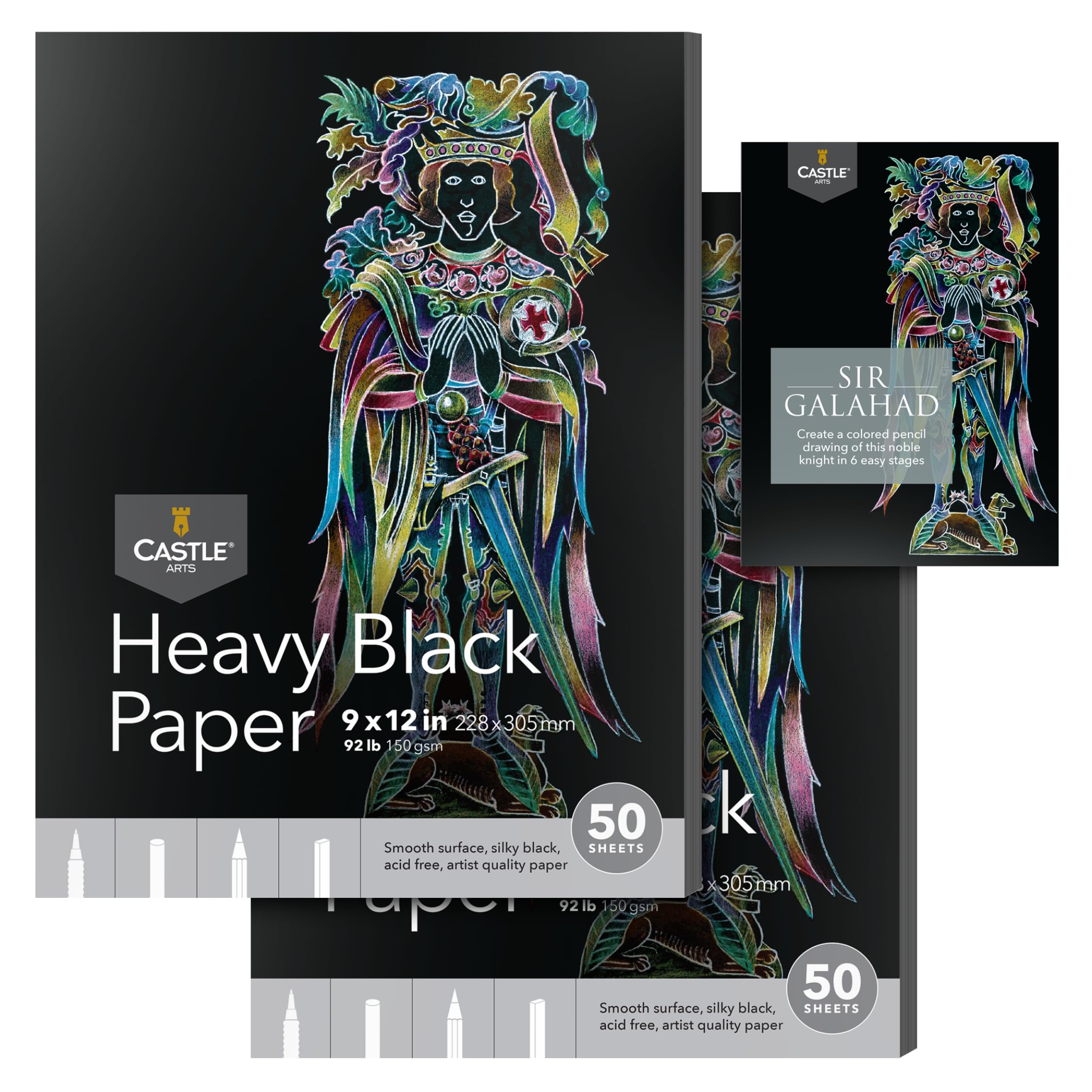 Castle Art Supplies Heavy Black Sketchpad Paper 9 x 12in | 2-Pack | 50 Sheets Each (150gsm/92lb) Artist Paper | Smooth, Silky Black Surface | Vivid Results with Pencils, Pens, Pastels (9 x 12, 2-pack)