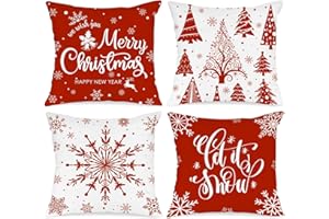 Lanpn Christmas Throw Pillow Covers 18x18 Set of 4, Merry Christmas Winter Xmas Snowflake Decorative Holiday Cushion Pillow Cases 18 x 18 for Outdoor Indoor Farmhouse Home Room Couch Decor (Red)
