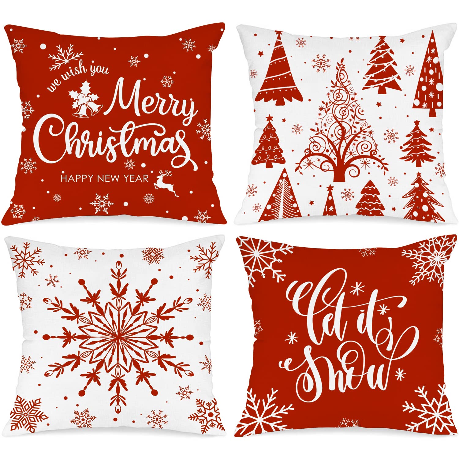 Lanpn Christmas Cushion Covers 50x50 Set of 4, Merry Christmas Winter Xmas Snowflake Decorative Holiday Throw Pillow Cases 20x20 for Outdoor Indoor Farmhouse Home Room Couch Decor (Red)