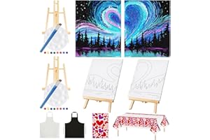 Yeaqee 13 Pcs Valentines Sip and Paint Kit for Couples Date Night Painting Kit Supplies Canvas Art Painting Set Pre Drawn Blank Stretch Canvas for Couple Adults Party(Heart,10 x 8 Inch)