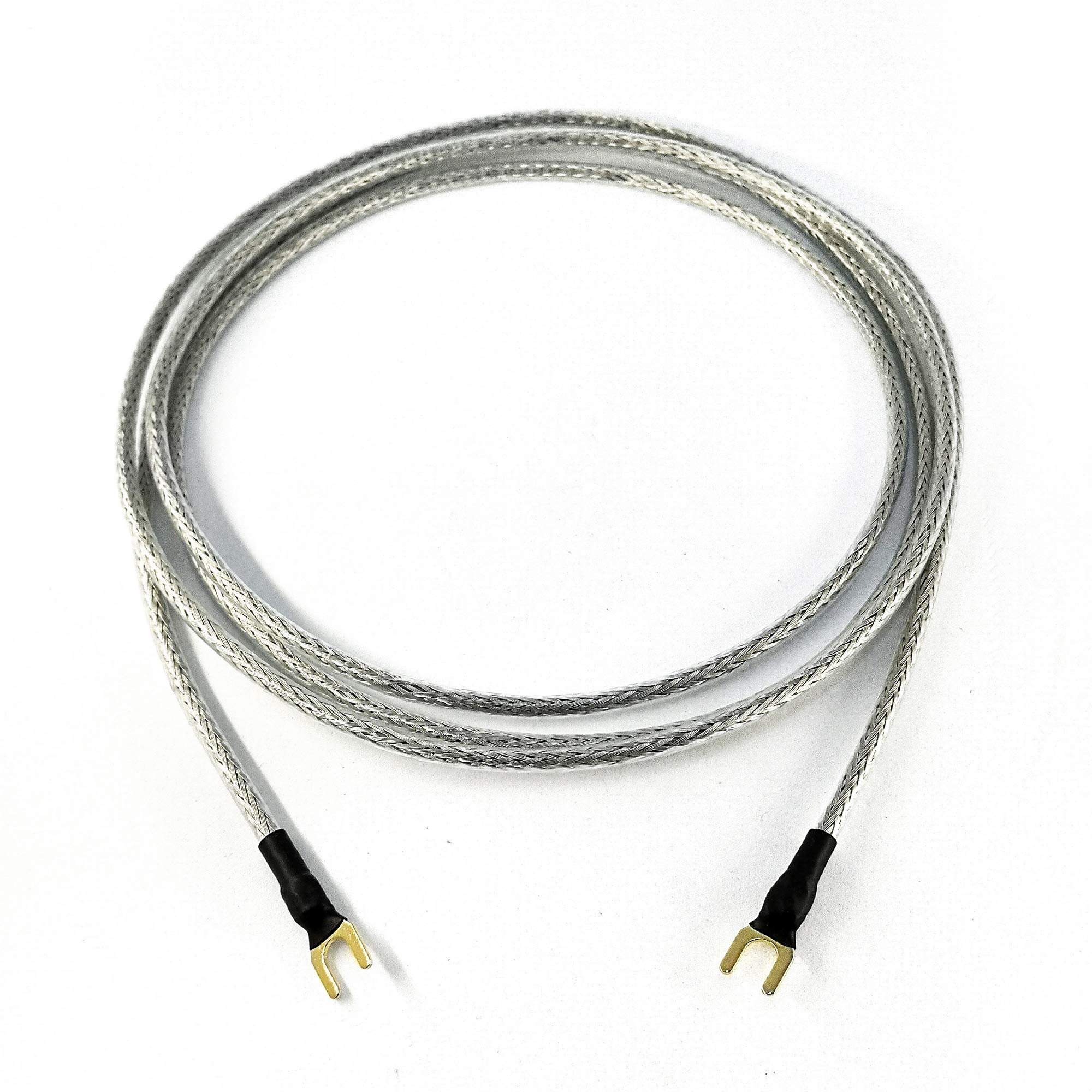 Selected Cable Earthing Cable 2.25 m 1 x 0.50 mm² for Turntable Phono Devices with Ground Connection Including Gold-Plated Fork Shoe Ground Cable Transparent Silver Braided Shield (225 cm)