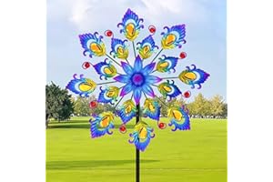 YOURONGMAO 45" Feathers Garden Wind Spinners for Yard and Garden, 16pcs Peacock Feathers Kinetic Wind Spinner Outdoor Decor, Wind Sculpture Yard Art Decorations for Patio, Lawn & Garden