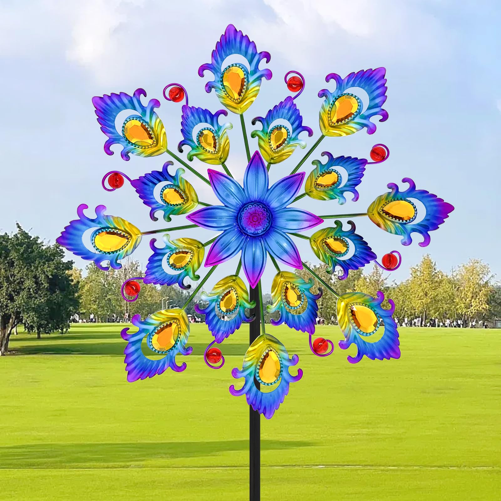 Photo 1 of 45" Feathers Wind Spinners for Yard and Garden, 16pcs Peacock Feathers Kinetic Outdoor Decor, Wind Sculpture Yard Art Decorations for Patio, Lawn