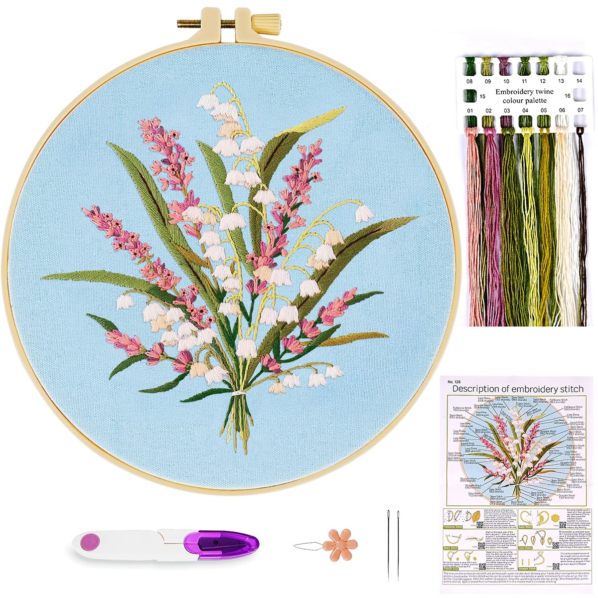 Floral Embroidery Kits for Adults Beginners, Stamped Cross Stitch Kit with Flowers Pattern, Hand Needlepoint Embroidery Starter Kit, Cross Stitch DIY Craft Set with Threads Needles Hoop Instructions