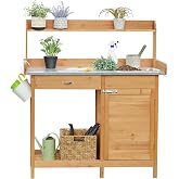 Yaheetech Potting Bench Outdoor Potting Table with Storage,Natural Wood | Outdoor Potting Bench with Spacious Metal Tabletop Keeps Soil and Water Contained while Providing a Durable Work Surface