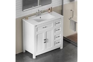 Findepot 30" Bathroom Vanity with Sink White Modern Bathroom Sink Cabinet Storage Cabinet with 3 Drawers,1 Pull Down Drawer and 2 Door,Freestanding Bathroom Vanities,Soft Closing, Solid Wood Frame