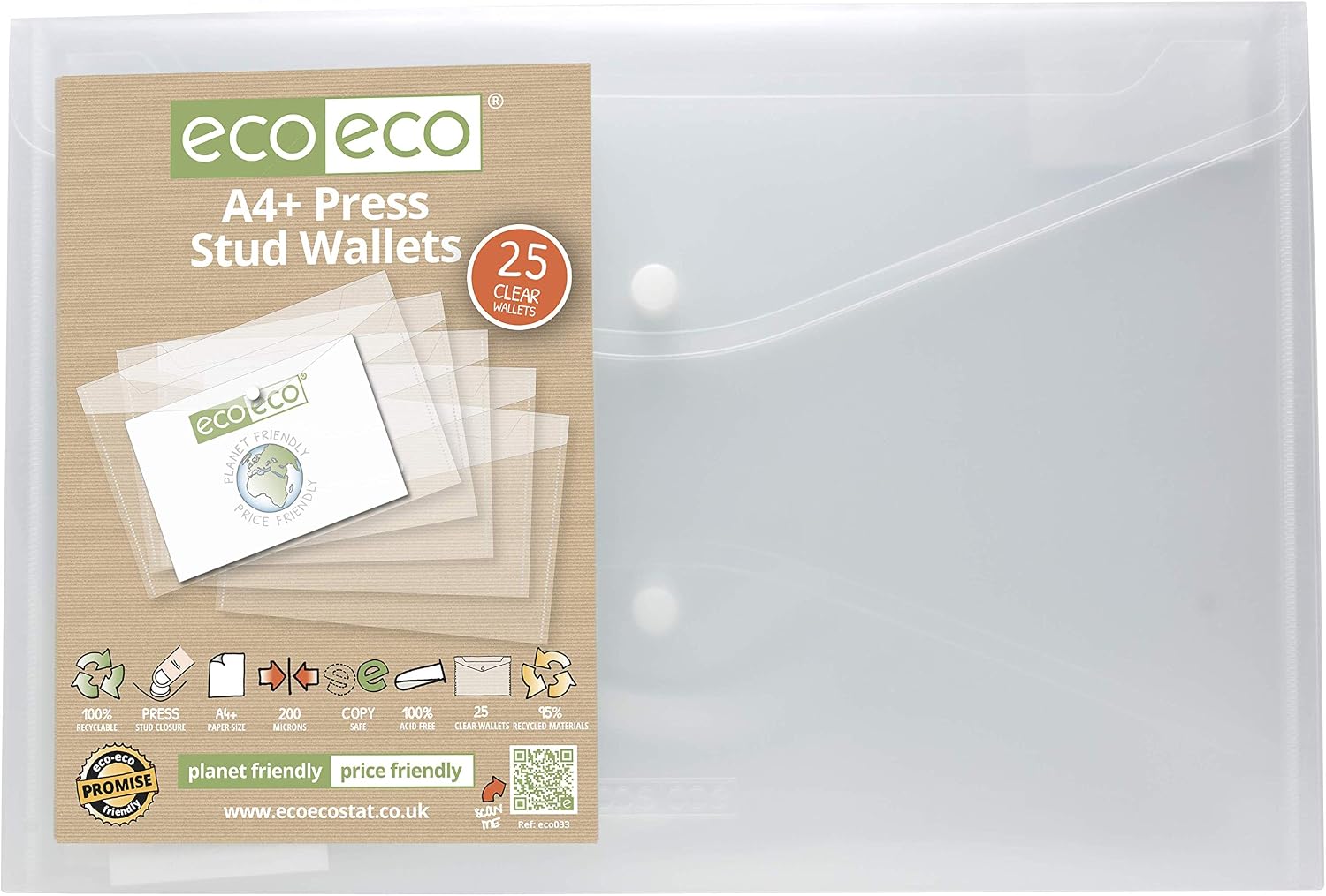 eco-eco A4+ 50% Recycled Clear Transparent Press Stud Popper Wallet, Plastic Folders (Pack of 25), 25 wallets