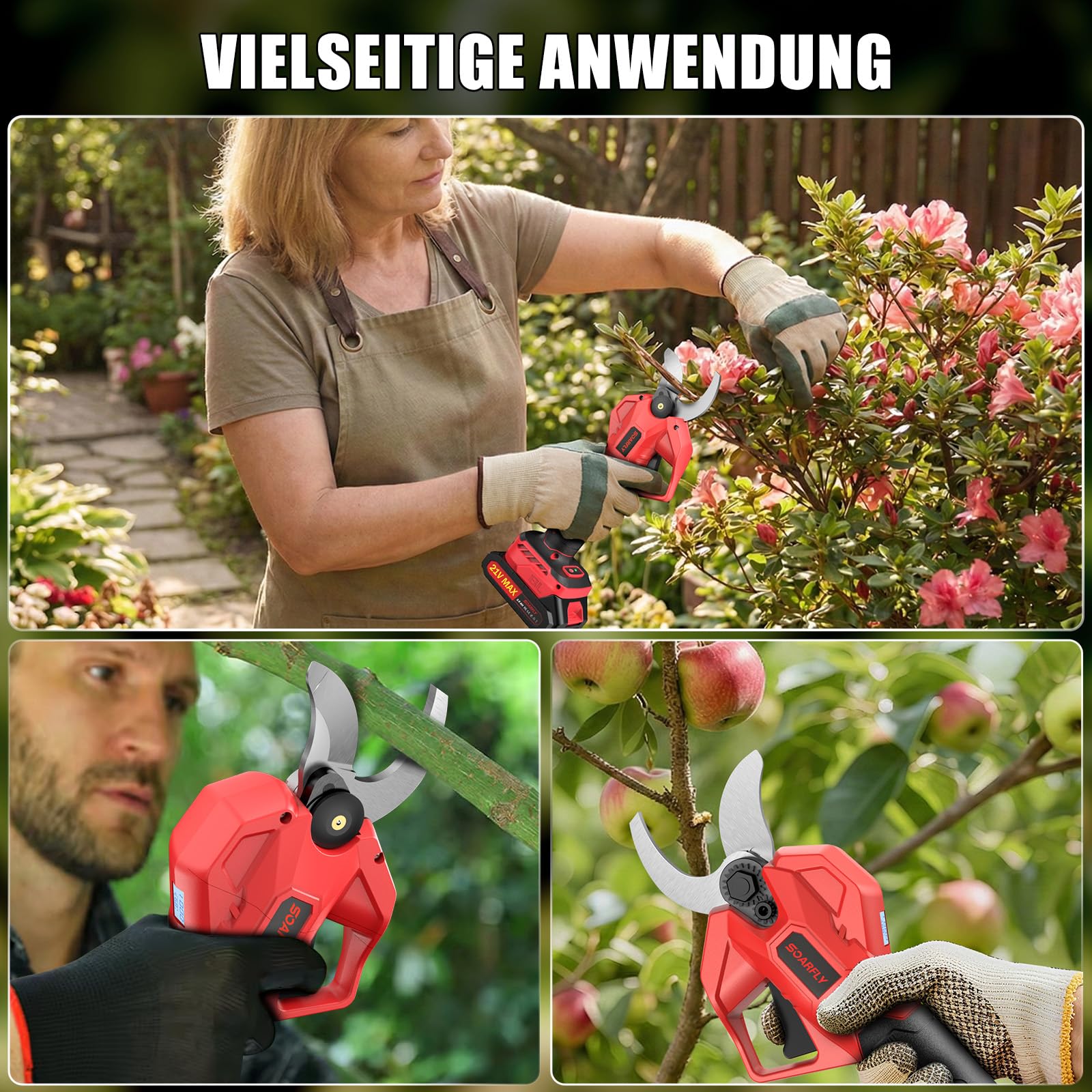 SOARFLY Akku Astschere 50mm, Elektrische Gartenschere mit 2 Akkus, Leistungsstarke Astschere Akku für Obstbäume Garten und Sträucher, Kabellose Gartenschere mit SK7 Klinge und Sicherheitsfunktion, Rot 8
