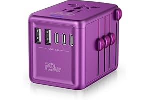 URJD Universal Travel Adapter Offers 5.8A 3X 3.0A USB-C Ports, 2X 2.4A USB-A Ports and Multi AC Outlet, All-in-One International Power Plug Adapter Worldwide Travel Charger for EU USA UK AUS (Purple)