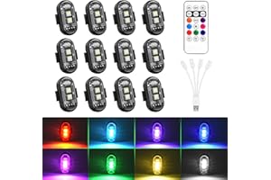 WOLFWILL Wireless RGB LED Aircraft Strobe Lights with Remote Control, 8 Colors 10 Flash Modes USB Charging Anti-Collision Lights Waterproof Emergency Warning Light for Drone Car Motorcycle Bike 12 Pcs