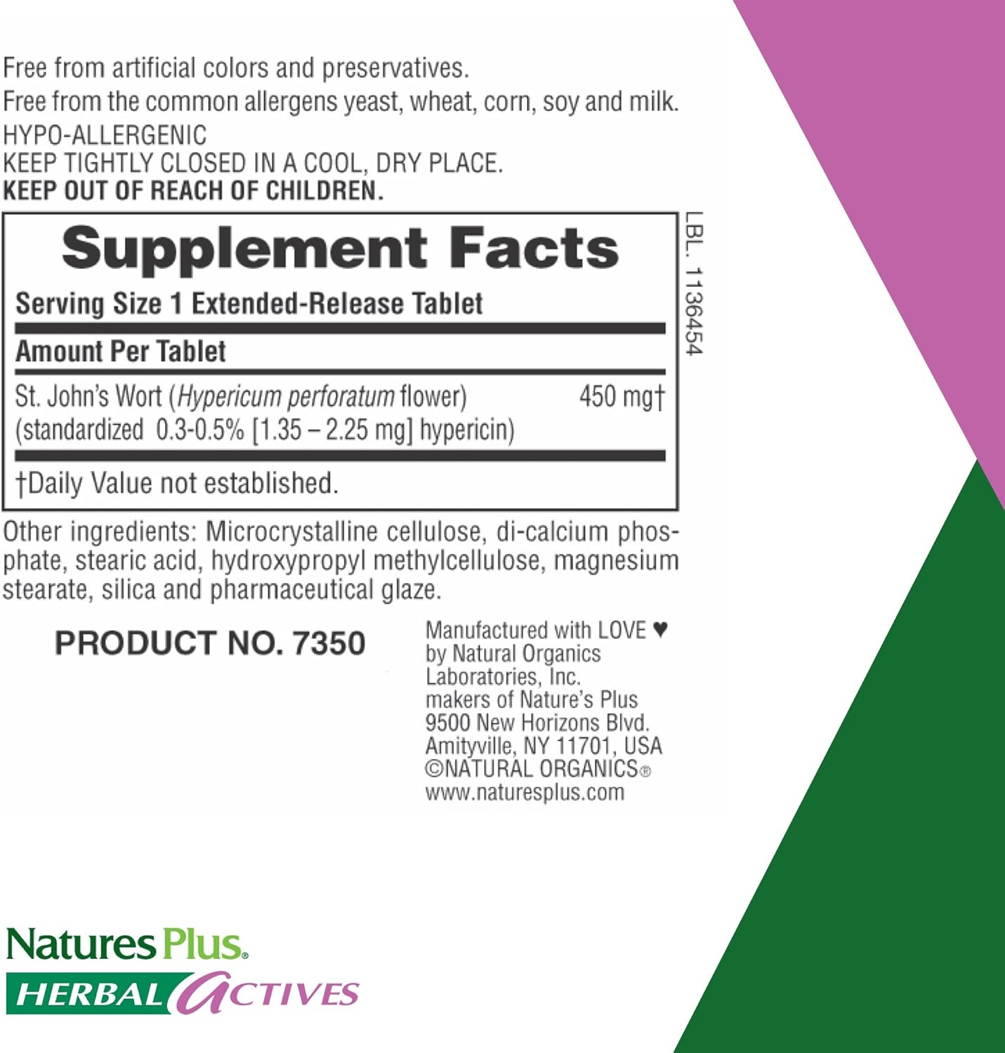 NaturesPlus Herbal Actives St John's Wort, Extended Release - 450 mg, 60 Vegan Tablets - Natural Mood Enhancer Supplement - Vegetarian, Gluten-Free - 60 Servings: Health & Personal Care
