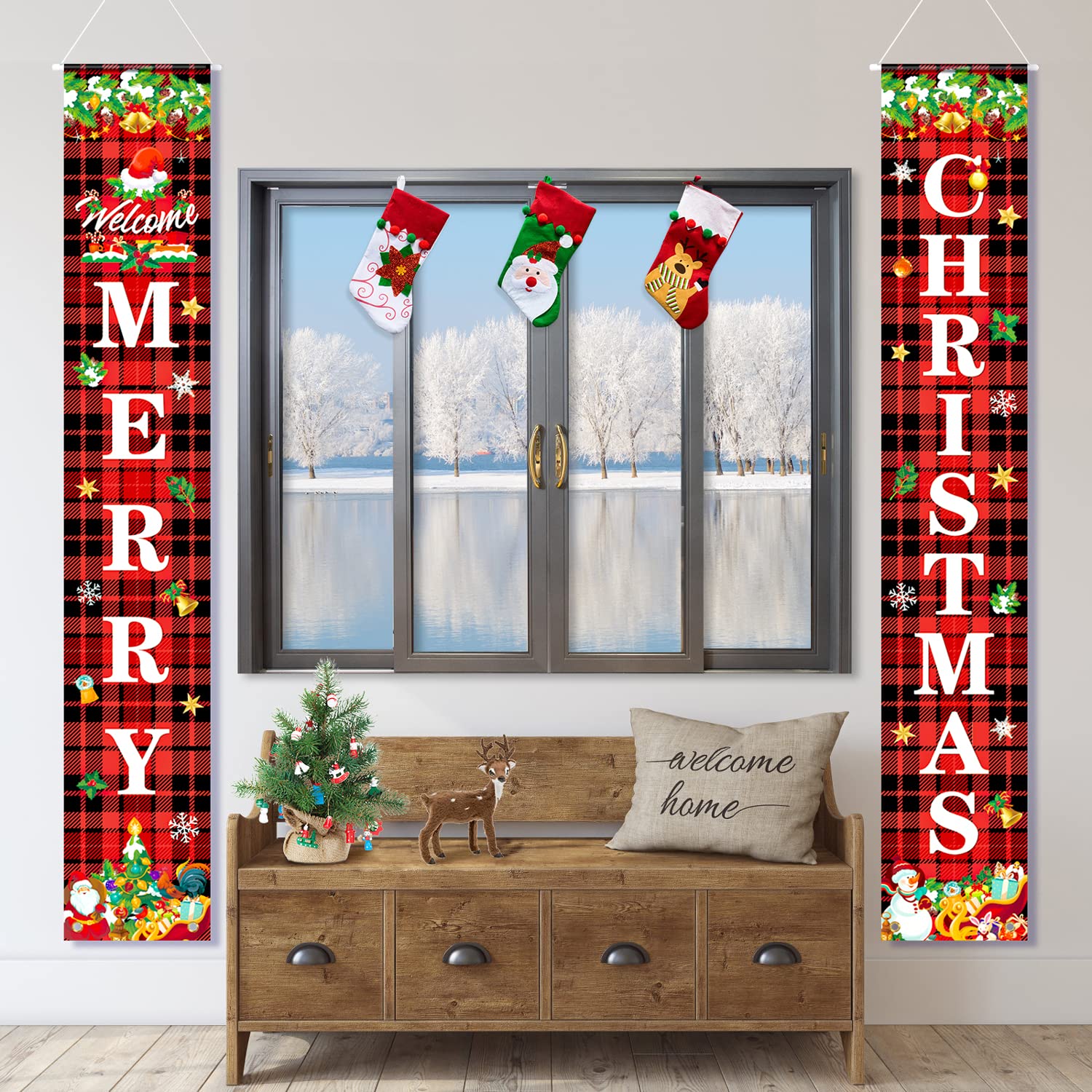 Outdoor Plaid Xmas Decorations - Merry Christmas Banner, Porch Signs, Waterproof Banners - Sale Clearance