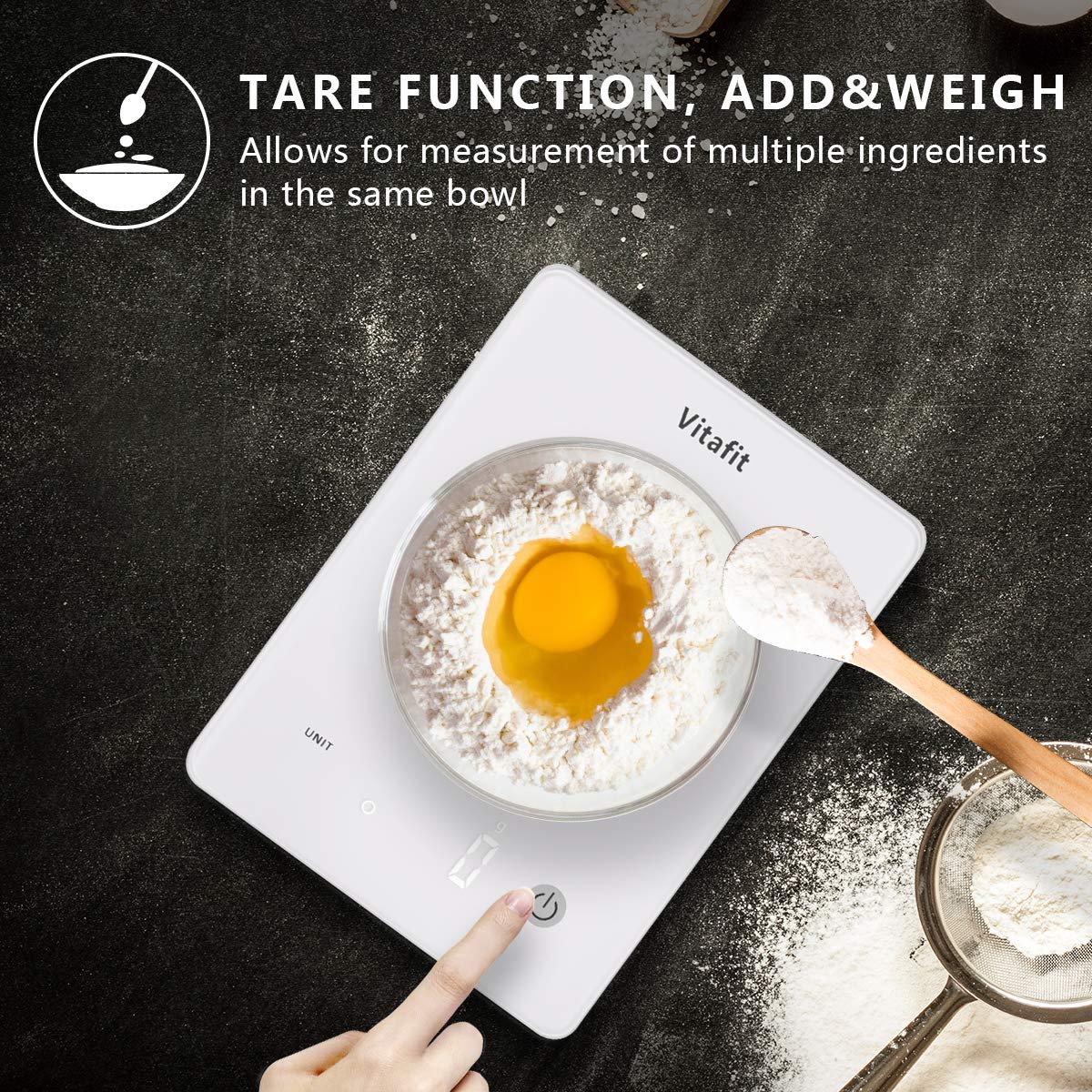Vitafit 22lbs/10kg Digital Kitchen Scale, Multifunction Food Scale with LED Screen Display,Tempered glass platform,Batteries Included