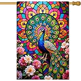BlissYard Peacock House Flag 28x40 Inch Double Sided Garden Flag with Colorful Stained Glass Bird Floral Art for Spring Summer Yard Porch Banner Outdoor Decoration Vertical Polyester Flags