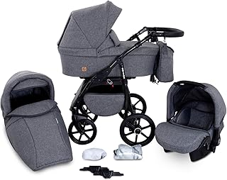 Boston 3 in 1 Kombi Kinderwagen Liegewanne Buggy Autositz Carlo (B1-Grey jeans)