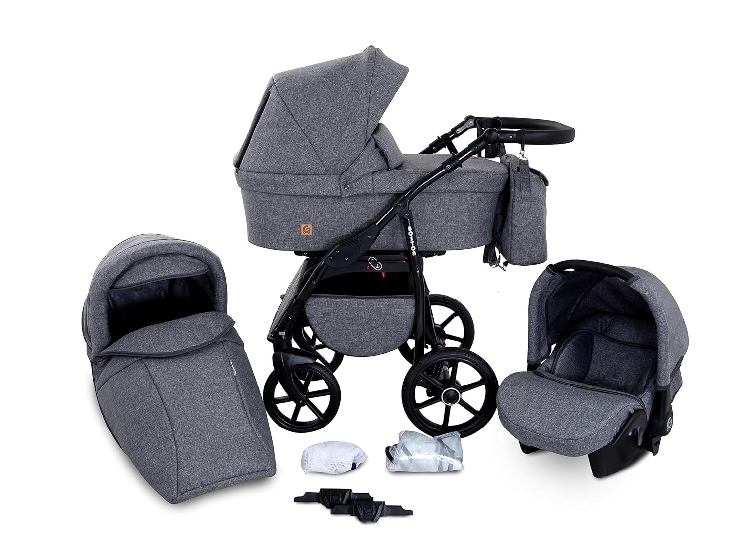 Boston 3 in 1 Kombi Kinderwagen Liegewanne Buggy Autositz Carlo (B1-Grey jeans)
