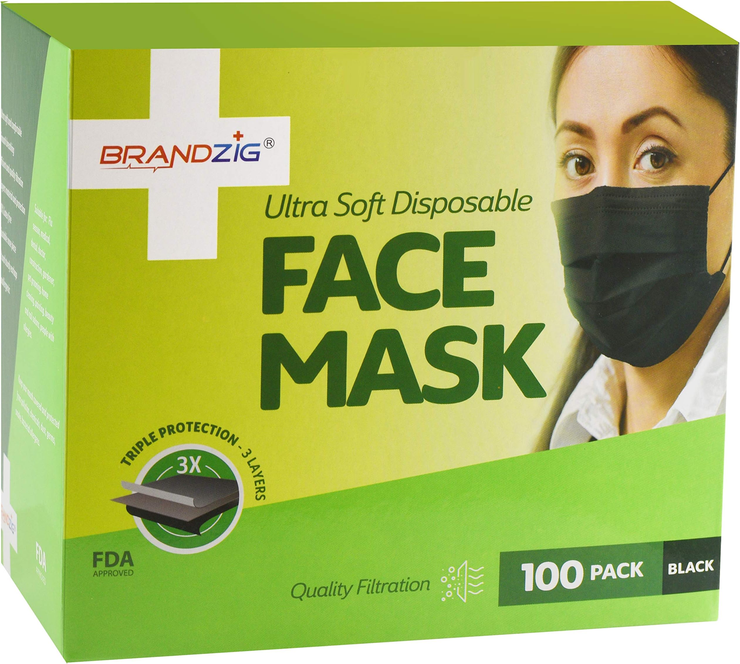 Ultra Soft Disposable Face Mask with Ear Loops (100 Pack) Black | FDA Approved Surgical Masks with Triple Protection Layer | Comfortable Dust Mask with Hypoallergenic Fabric | Premium Medical Supplies