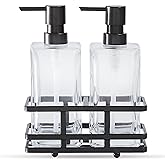 Square Glass Clear Lotion and Soap Pump Dispenser Set with Metal Stand Caddy for Bathroom Bath Kitchen Home Office Travel Hotel Hand Crafted Heavy Weight Oil Rubbed Bronze