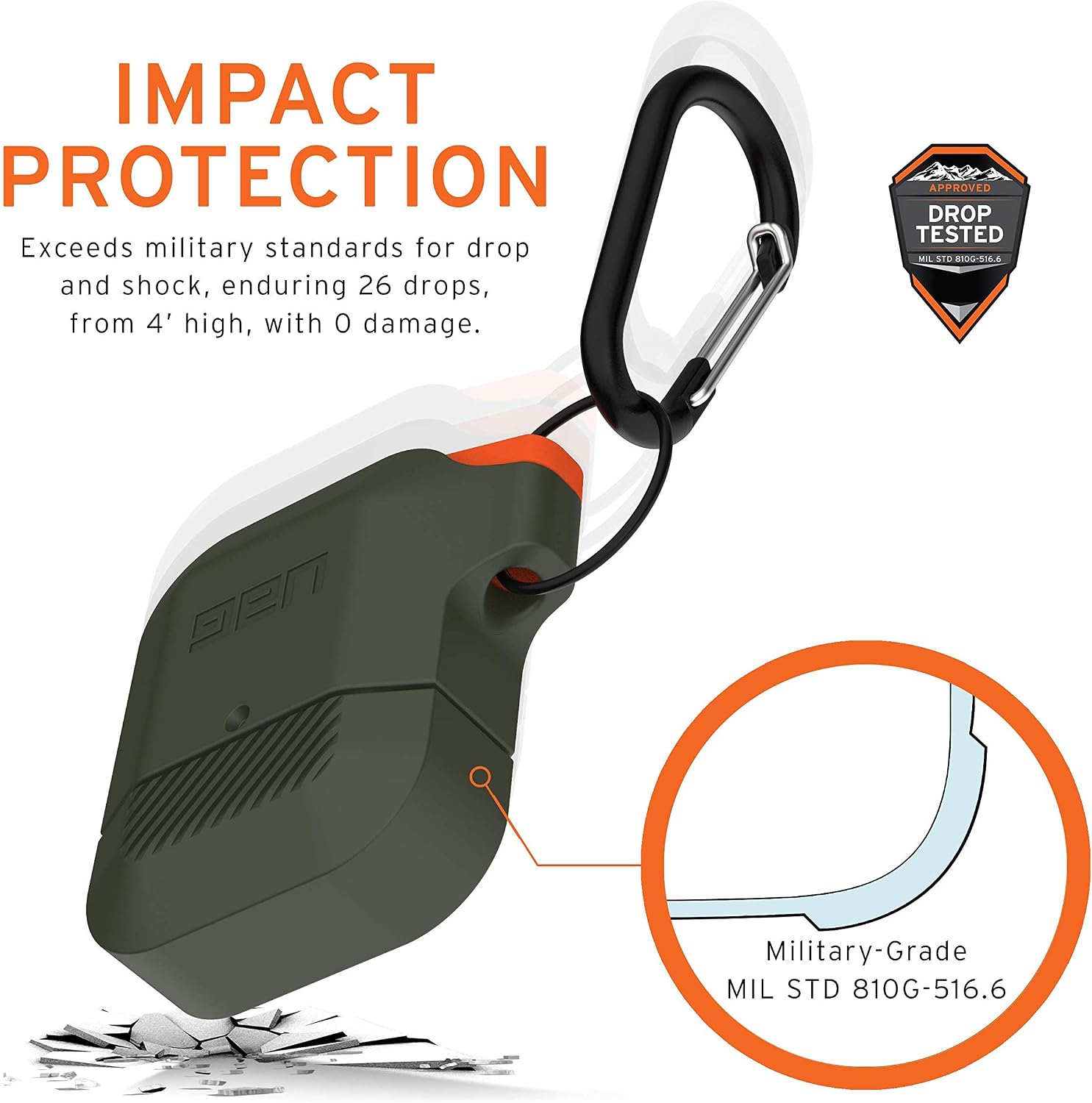 URBAN ARMOR GEAR UAG Compatible with AirPods (1st Gen & 2nd Gen), Full-Body Protective Rugged Water Resistant Soft-Touch Silicone Case with Detachable Carabiner, Olive Drab/Orange - Image 4