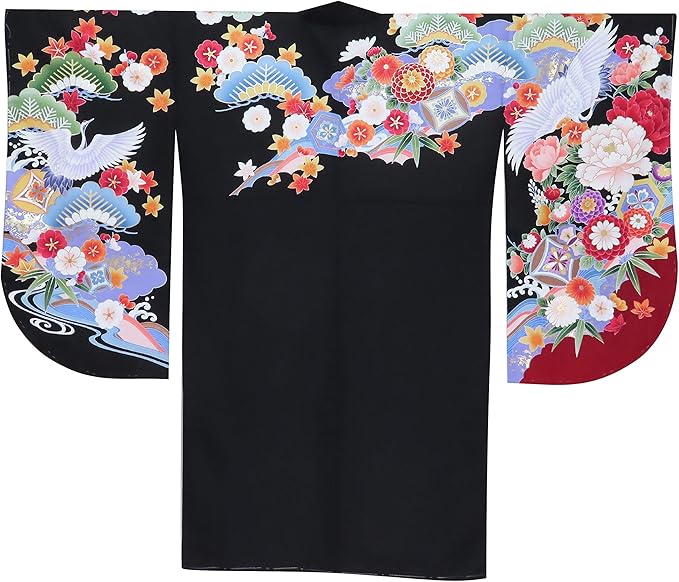 Amazon 二尺袖 着物 ショート丈 単品 レディース 卒業式 絵羽柄の着物 合繊 黒 鶴 Hni765 着物 通販