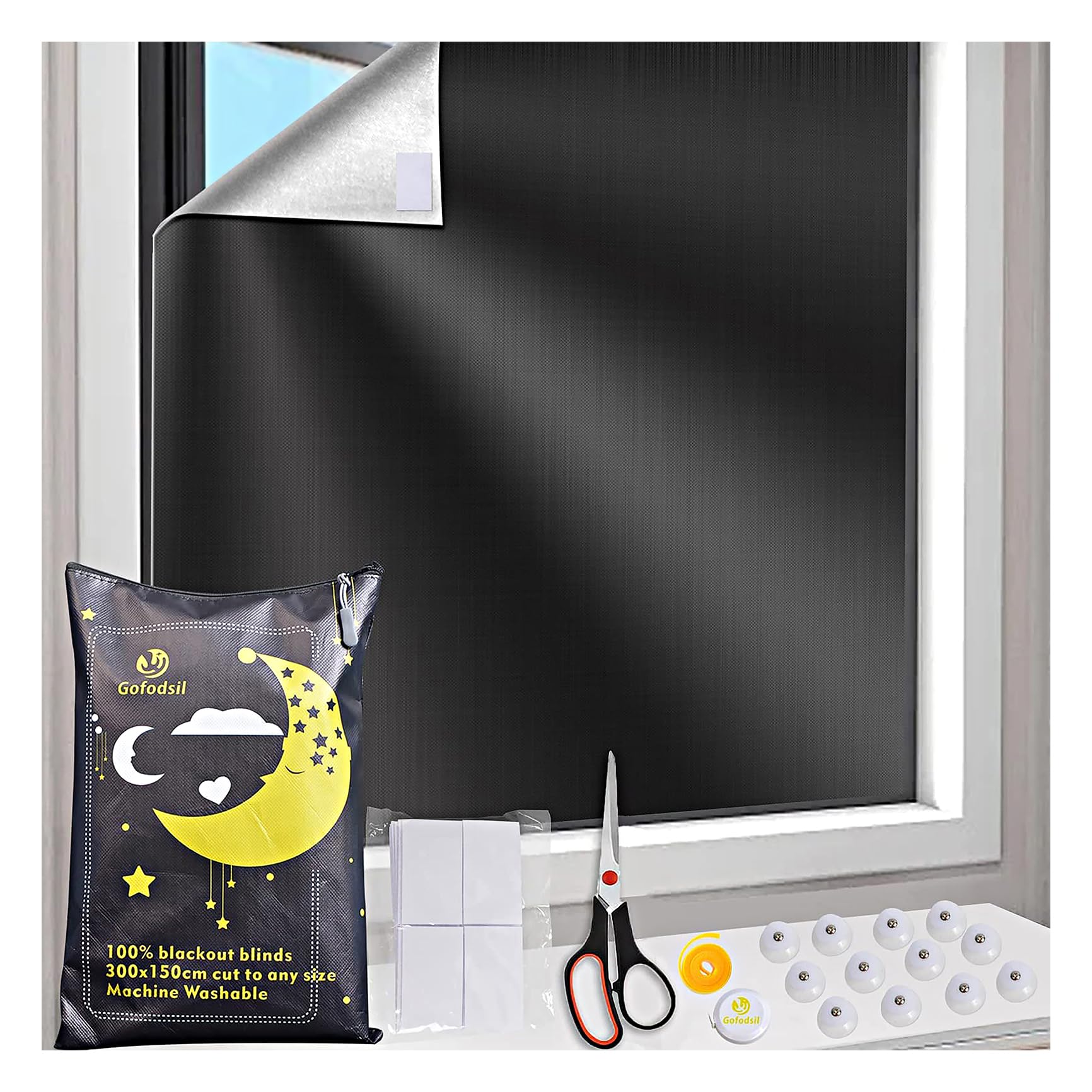 Gofodsil Portable Blackout Curtain 300 x 150 cm, Window Blackout Cut to the Required Size for Bedroom, Children's Room, Travel