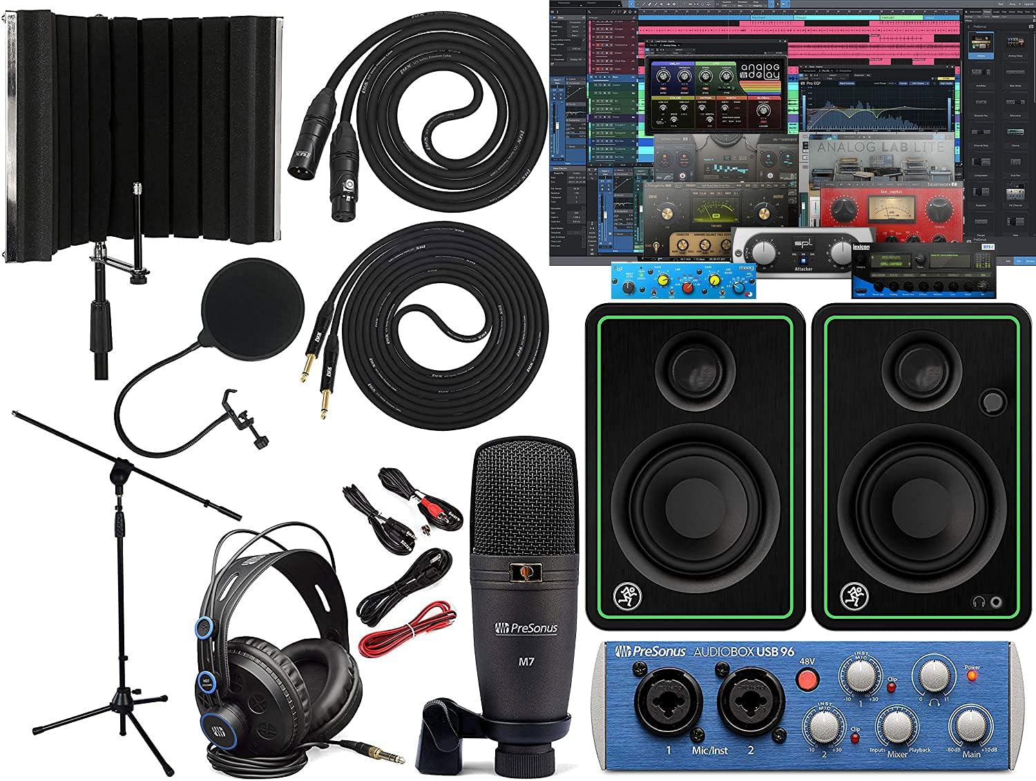 PreSonus AudioBox 96 Audio Interface Bundle with Studio One Artist Software Pack with Mackie CR3-X Pair Studio Monitors and 1/4” Instrument Cable and Microphone Isolation Shield