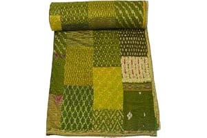 Marubhumi Indian Handmade Quilt Indian Silk Sari Kantha Quilted Patchwork (Mahandi, Queen (90"x 108"))