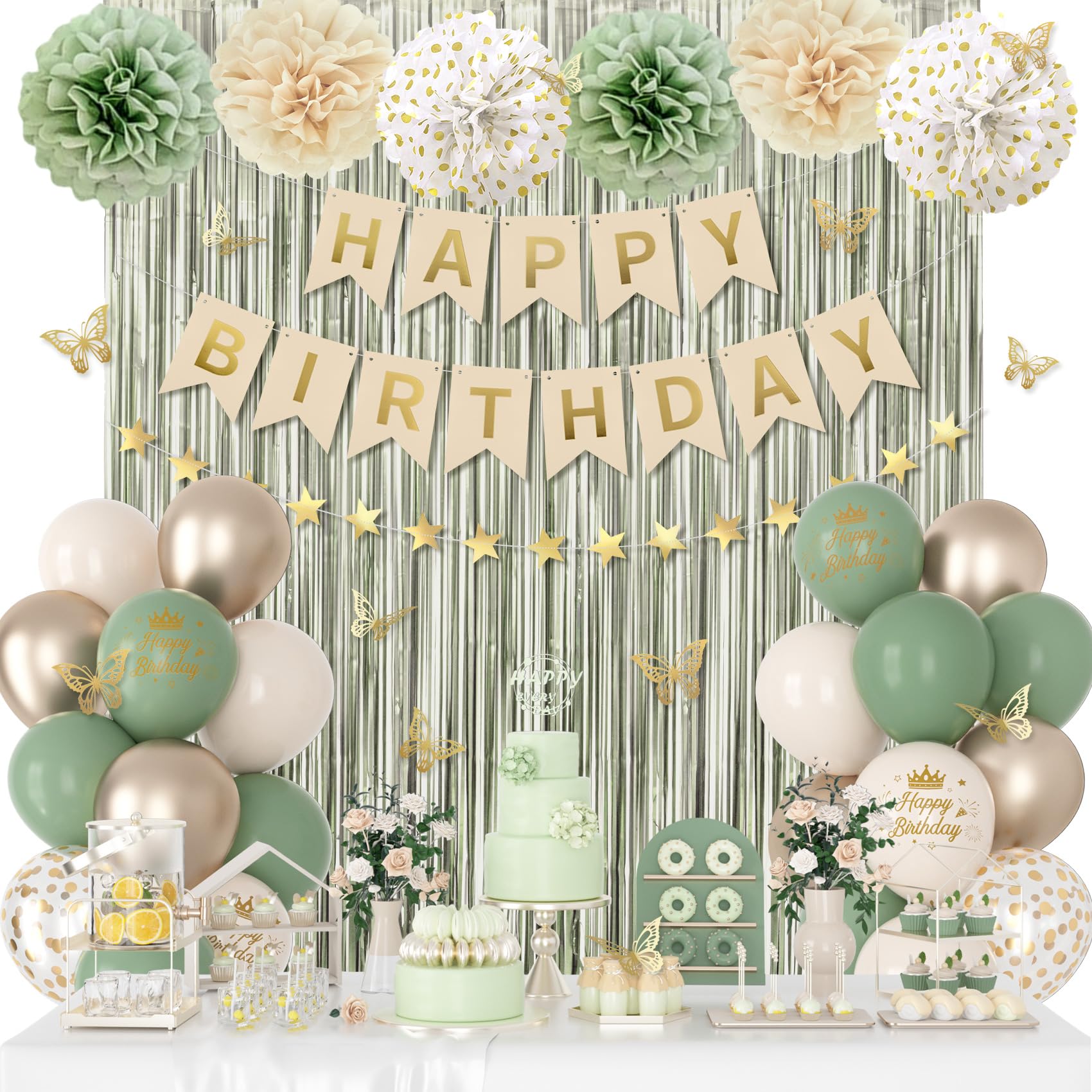 Photo 1 of Sage Green Birthday Decorations for Women Girls, Green Sand Gold Confetti Metallic Printed Balloons Butterfly Stickers Fringe Curtain Happy Birthday Banner Star Garland Paper Pompoms Party Supplies