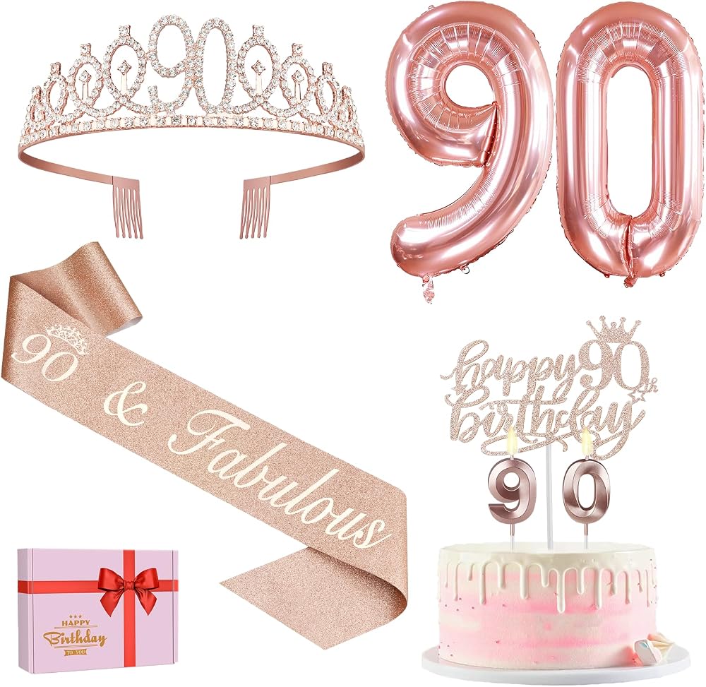 Amosking 90th Birthday Decorations Set for Women Crown Sash Cake Topper