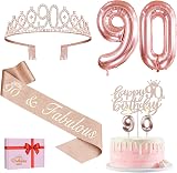 Amosking 90th Birthday Decorations Set for Women Crown Sash Cake Topper