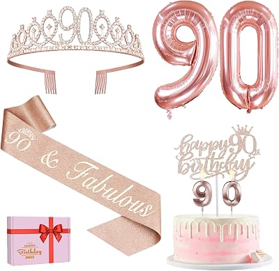 Amosking 90th Birthday Decorations Set for Women Crown Sash Cake Topper