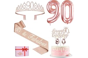 90th Birthday Decorations for Women, Including 90th Birthday Sash and Crown, Cake Topper and Candles, Number Balloons Rose Go