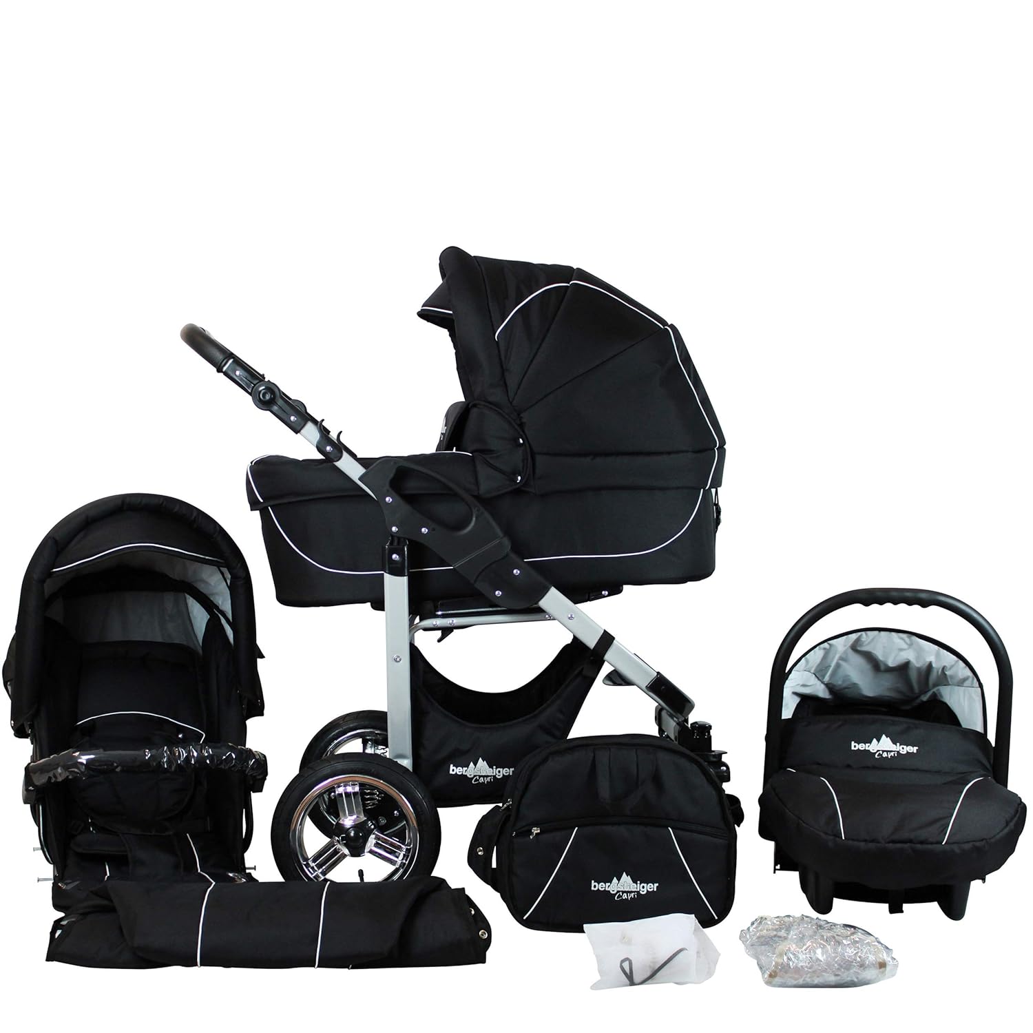 Bergsteiger Capri Kinderwagen 3 in 1 Kombikinderwagen Megaset 10 teilig inkl. Babyschale, Babywanne, Sportwagen und Zubehör