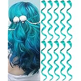 Olldag 10 PCS Teal Blue Hair Extensions, Curly Wavy Synthetic Hairpieces Clip in Rainbow Neon Party Highlights, Colorful Hair Accessories for Women 17 inch (Teal Blue)